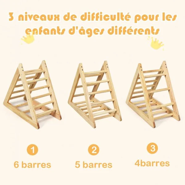 Échelle D’escalade Triangulaire pour Enfants Plus de 3 Ans Capacité 60 Kg en Bois de Pin Sans Bpa 92x46x80cm Naturel