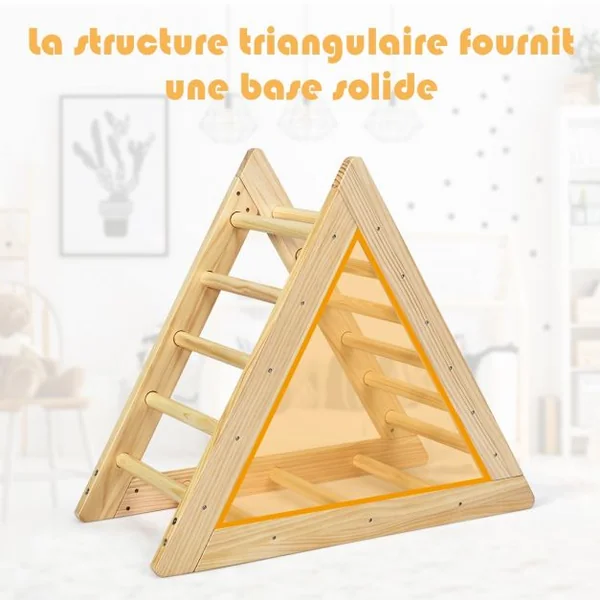 Échelle D’escalade Triangulaire pour Enfants Plus de 3 Ans Capacité 60 Kg en Bois de Pin Sans Bpa 92x46x80cm Naturel