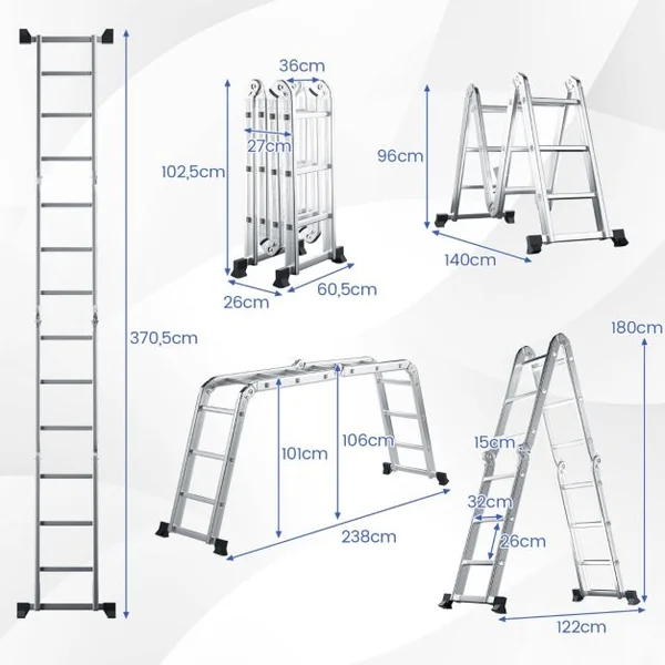 Échelle Pliable en Aluminium 7 en 1 Échelle Télescopique 370,5 cm Marches et Repose-pieds Antidérapants Charge Max 150KG