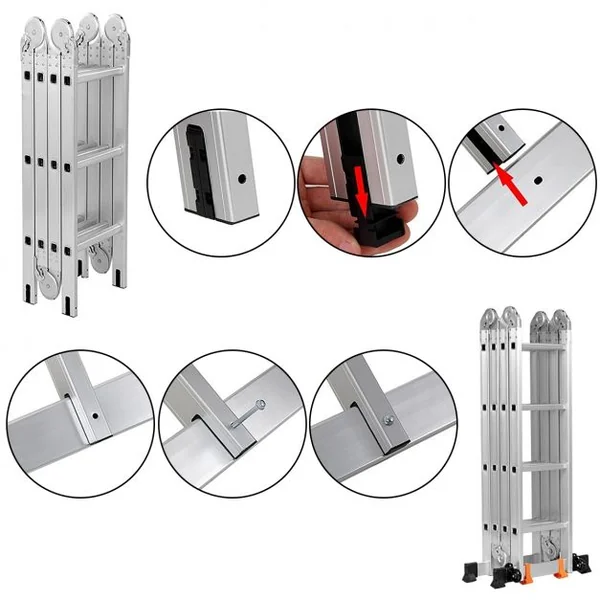 Échelle Polyvalente 5 en 1 avec 2 Montants 4 Plis 15 Echelons Pliable et Multifonction Capacité 150kg en Aluminium