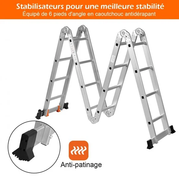 Échelle Polyvalente 5 en 1 avec 2 Montants 4 Plis 15 Echelons Pliable et Multifonction Capacité 150kg en Aluminium