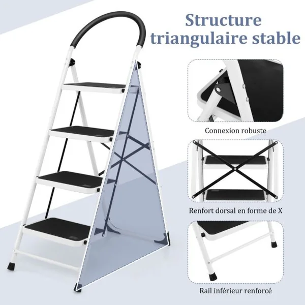 Échelle à 4 marches escabeau pliant avec poignée pratique pédale antidérapante et barre transversale renforcée échelle en acier portable avec capacité de poids de 150 kg