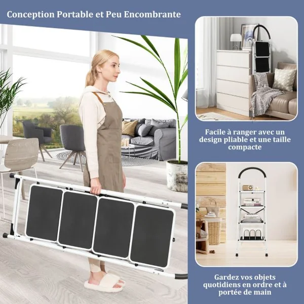 Échelle à 4 marches escabeau pliant avec poignée pratique pédale antidérapante et barre transversale renforcée échelle en acier portable avec capacité de poids de 150 kg