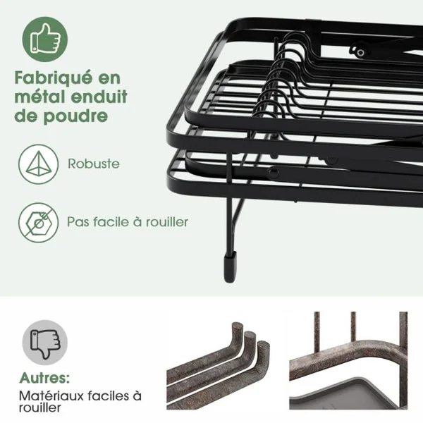 Égouttoir à Vaisselle Cuisine Pliable 2 Niveaux Porte-Vaisselle Antirouille Bac de Récupération Amovible 56x31x30cm
