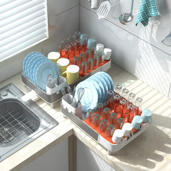 Égouttoir à Vaisselle en Acier Inoxydable & PP Extensible avec Porte-Couverts Amovible Porte-gobelets Drainage Automatique
