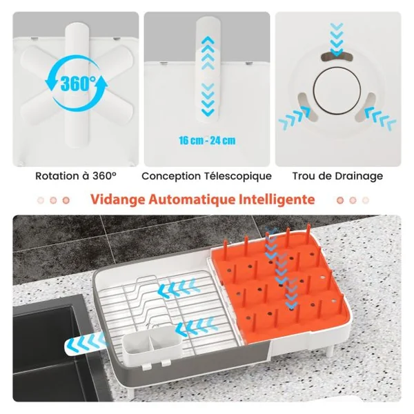 Égouttoir à Vaisselle en Acier Inoxydable & PP Extensible avec Porte-Couverts Amovible Porte-gobelets Drainage Automatique