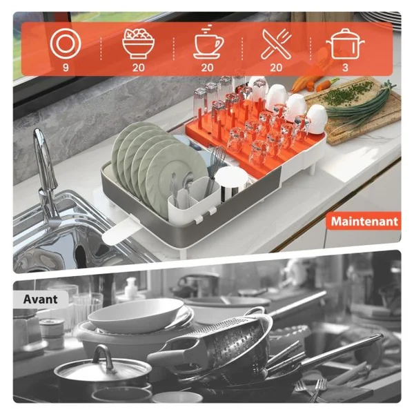 Égouttoir à Vaisselle en Acier Inoxydable & PP Extensible avec Porte-Couverts Amovible Porte-gobelets Drainage Automatique