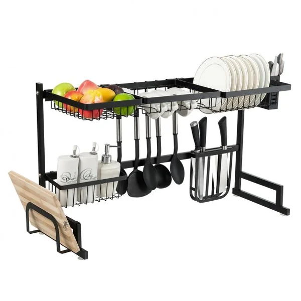 Égouttoir à Vaisselle et Couverts Rangement D’ustensile pour Évier Capacité 70kg en Acier Inoxydable 85x52x32cm Noir