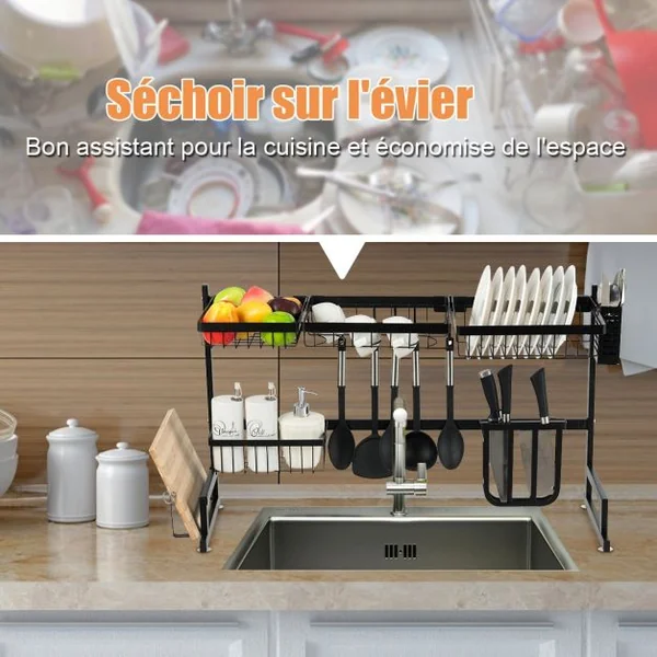 Égouttoir à Vaisselle et Couverts Rangement D’ustensile pour Évier Capacité 70kg en Acier Inoxydable 85x52x32cm Noir