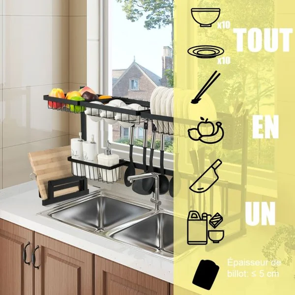 Égouttoir à Vaisselle et Couverts Rangement D’ustensile pour Évier Capacité 70kg en Acier Inoxydable 85x52x32cm Noir