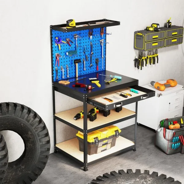 Établi Atelier Garage avec Étagères et Tiroirs 2 Panneaux Perforés Cadre en Métal avec 20 Crochets de Suspension 81x41x156cm Bleu Marine