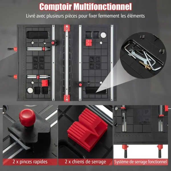 Établi Pliable avec Plate-Forme 2 en 1 et 2 Hauteurs Réglables Support de Scie Garage Cadre en Alu avec Système de Serrage et Pinces Charge 200KG Noir + Rouge