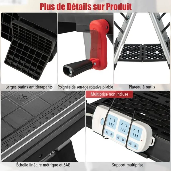 Établi Pliable avec Plate-Forme 2 en 1 et 2 Hauteurs Réglables Support de Scie Garage Cadre en Alu avec Système de Serrage et Pinces Charge 200KG Noir + Rouge