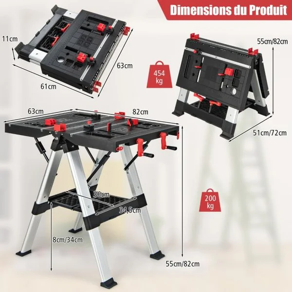 Établi Pliable avec Plate-Forme 2 en 1 et 2 Hauteurs Réglables Support de Scie Garage Cadre en Alu avec Système de Serrage et Pinces Charge 200KG Noir + Rouge
