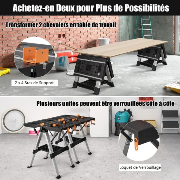 Établi Pliable avec Plate-Forme 2 en 1 et 2 Hauteurs Réglables Support de Scie Garage Cadre en Alu avec Système de Serrage et Pinces Charge 200KG