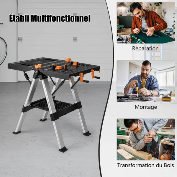 Établi Pliable avec Plate-Forme 2 en 1 et 2 Hauteurs Réglables Support de Scie Garage Cadre en Alu avec Système de Serrage et Pinces Charge 200KG