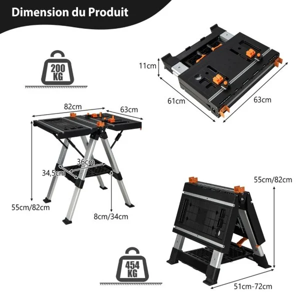 Établi Pliable avec Plate-Forme 2 en 1 et 2 Hauteurs Réglables Support de Scie Garage Cadre en Alu avec Système de Serrage et Pinces Charge 200KG