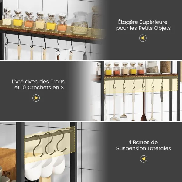 Étagère Bar à Café à 5 Niveaux avec 10 Crochets en Forme de ‘S’ Prises de Courant Support pour Micro-ondes Marron Rustique