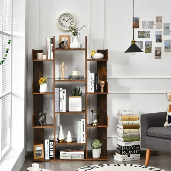 Étagère Bibliothèque à 13 Compartiments avec Patins Antidérapants Style Industrielle Capacité de Charge Totale 90 kg 86 x 24,5 x 141 cm Brun Rustique