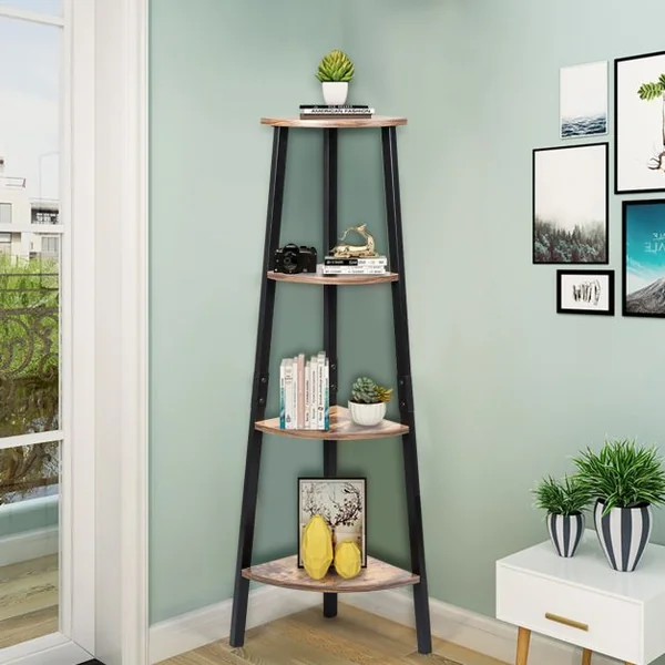Étagère d'Angle Bibliothèque à 4 Niveaux 32,5 x 32,5 x 125 CM avec Cadre en Fer pour Maison Salon Chambre Balcon Rétro