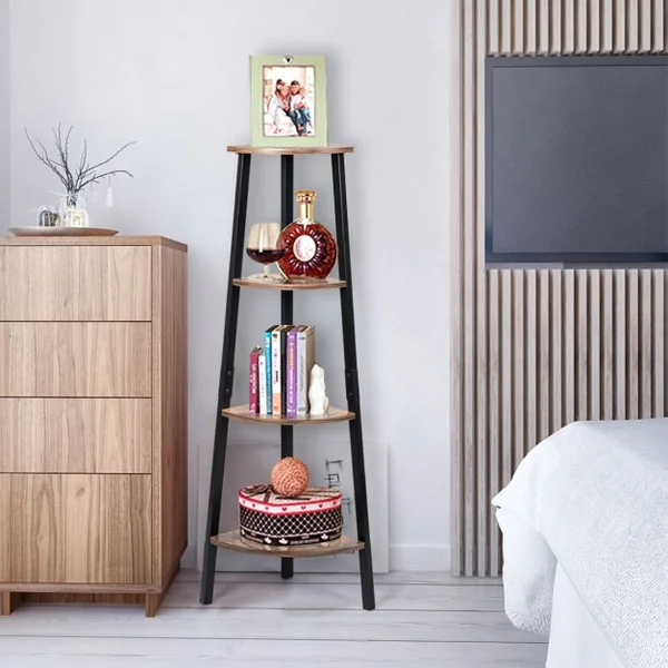 Étagère d'Angle Bibliothèque à 4 Niveaux 32,5 x 32,5 x 125 CM avec Cadre en Fer pour Maison Salon Chambre Balcon Rétro