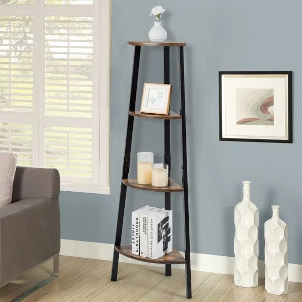 Étagère d'Angle Bibliothèque à 4 Niveaux 32,5 x 32,5 x 125 CM avec Cadre en Fer pour Maison Salon Chambre Balcon Rétro