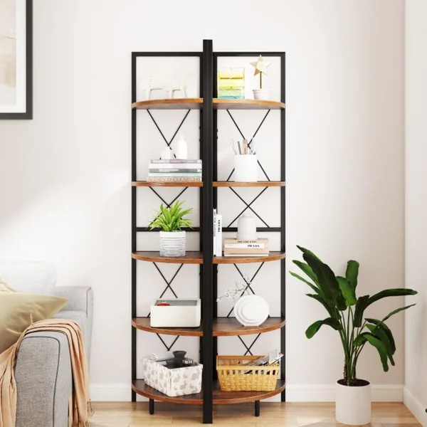Étagère d'Angle Industrielle à 5 Niveaux Supports à Plantes avec Cadre en Métal Supports à Échelle Brun Rustique