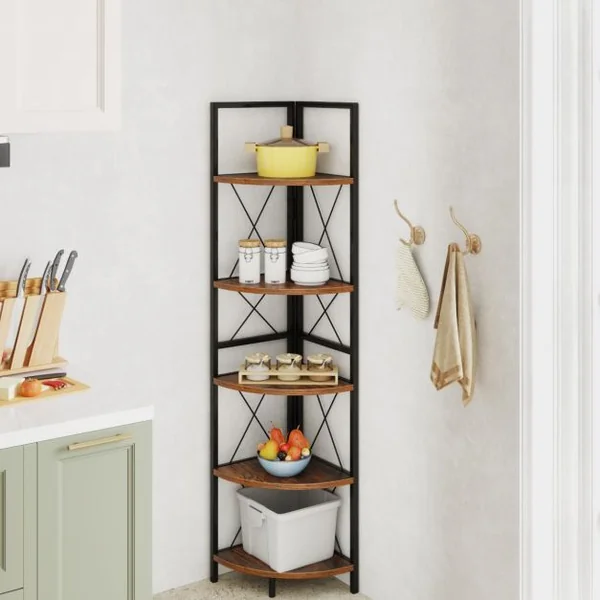 Étagère d'Angle Industrielle à 5 Niveaux Supports à Plantes avec Cadre en Métal Supports à Échelle Brun Rustique
