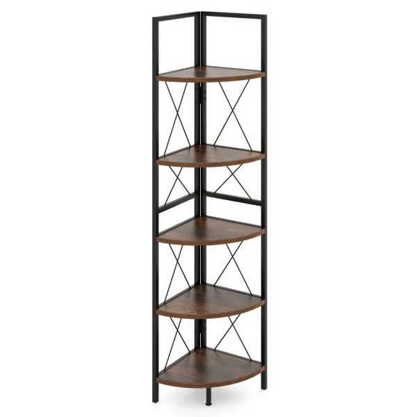 Étagère d'Angle Industrielle à 5 Niveaux Supports à Plantes avec Cadre en Métal Supports à Échelle Brun Rustique