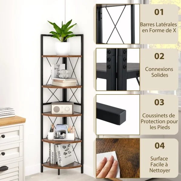 Étagère d'Angle Industrielle à 5 Niveaux Supports à Plantes avec Cadre en Métal Supports à Échelle Brun Rustique