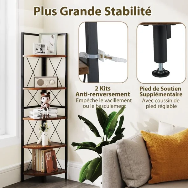 Étagère d'Angle Industrielle à 5 Niveaux Supports à Plantes avec Cadre en Métal Supports à Échelle Brun Rustique
