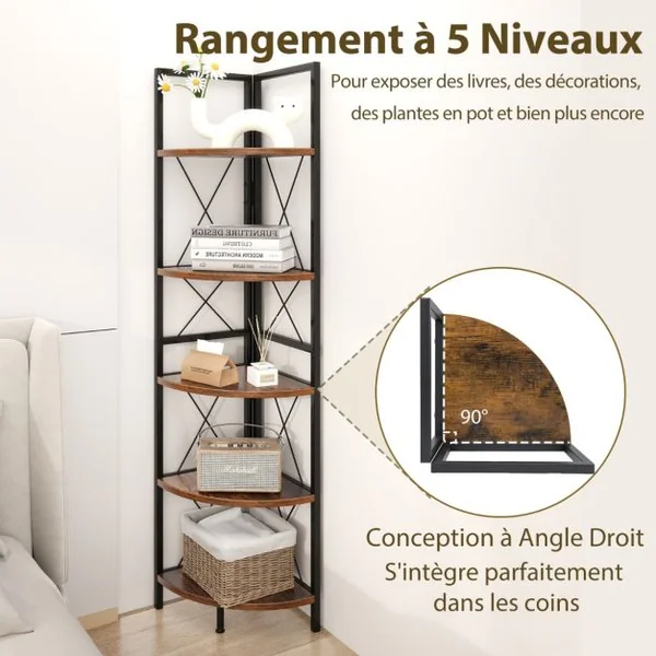 Étagère d'Angle Industrielle à 5 Niveaux Supports à Plantes avec Cadre en Métal Supports à Échelle Brun Rustique