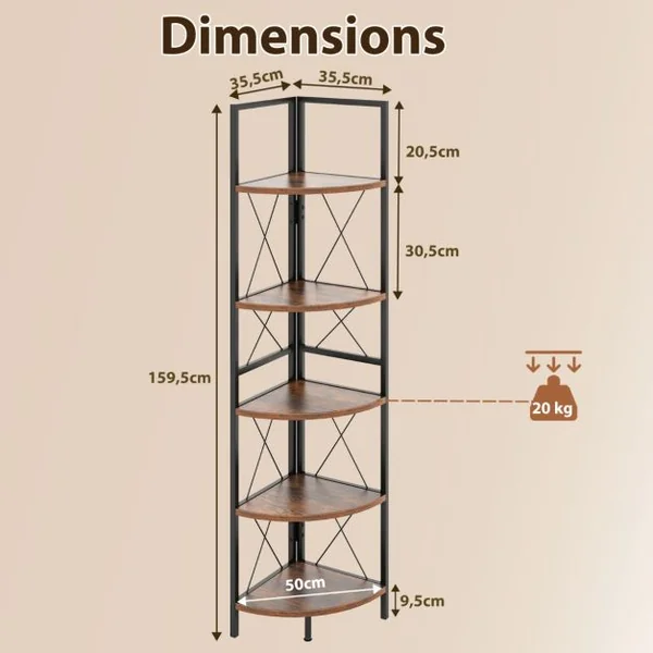 Étagère d'Angle Industrielle à 5 Niveaux Supports à Plantes avec Cadre en Métal Supports à Échelle Brun Rustique