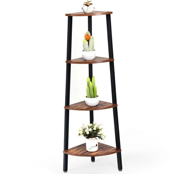 Étagère d'Angle à 4 Niveaux Meuble de Rangement Structure Stable Capacité 60 Kg en Métal 35x35x125cm Marron et Noir