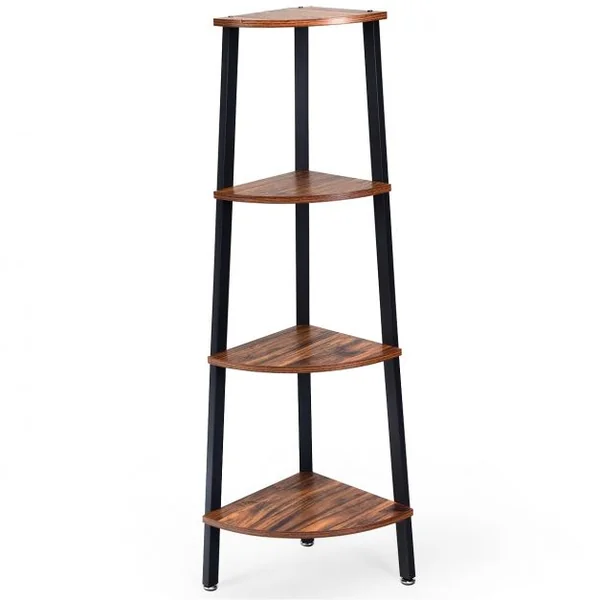 Étagère d'Angle à 4 Niveaux Meuble de Rangement Structure Stable Capacité 60 Kg en Métal 35x35x125cm Marron et Noir