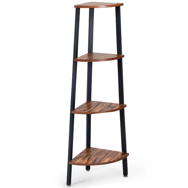 Étagère d'Angle à 4 Niveaux Meuble de Rangement Structure Stable Capacité 60 Kg en Métal 35x35x125cm Marron et Noir