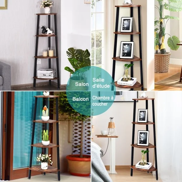 Étagère d'Angle à 4 Niveaux Meuble de Rangement Structure Stable Capacité 60 Kg en Métal 35x35x125cm Marron et Noir