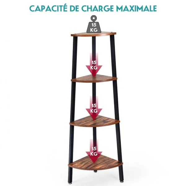 Étagère d'Angle à 4 Niveaux Meuble de Rangement Structure Stable Capacité 60 Kg en Métal 35x35x125cm Marron et Noir