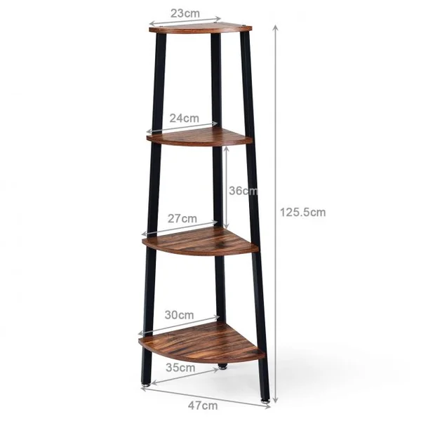 Étagère d'Angle à 4 Niveaux Meuble de Rangement Structure Stable Capacité 60 Kg en Métal 35x35x125cm Marron et Noir