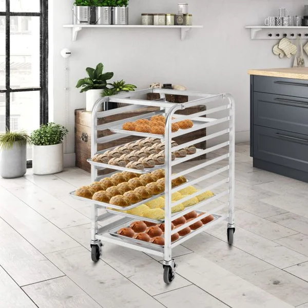 Étagère de Boulangerie en Aluminium à 10 Niveaux Étagère à Pain par Plaque Chariot de Refroidissement de Boulangerie avec Roulettes Verrouillables Argent