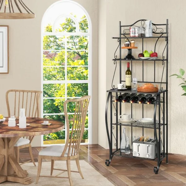 Étagère de Cuisine pour Four à Micro-ondes 63,5x41x173CM Meuble de Rangement 5 Niveaux avec Porte-bouteilles Large Comptoir