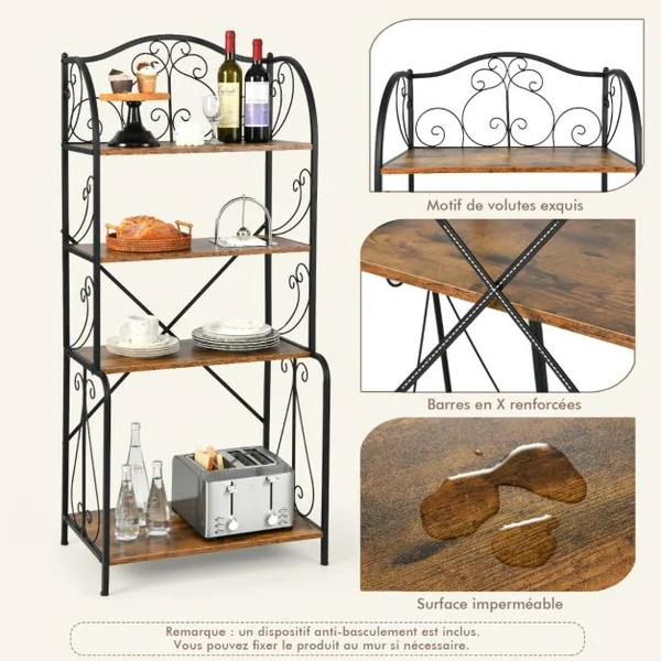 Étagère de cuisine à 4 niveaux en métal Style industriel Charge 20KG, 66,5 x 42 x 152,5 cm Marron