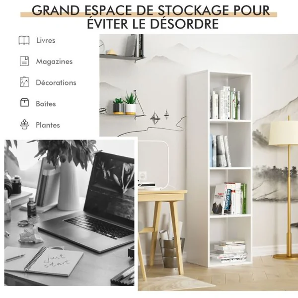 Étagère de Rangement 4 Niveaux avec Dispositif Anti-basculement pour Salon Chambre à Coucher Bureau