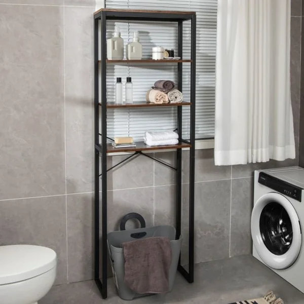 Étagère de Rangement Au-dessus des Toilettes 4 Niveaux en Bois Cadre en Métal Kits Anti-basculement Noir + Marron Rustique