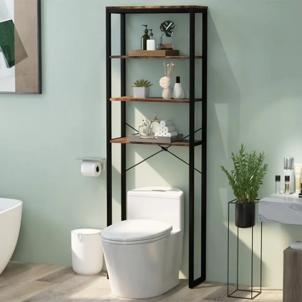 Étagère de Rangement Au-dessus des Toilettes 4 Niveaux en Bois Cadre en Métal Kits Anti-basculement Noir + Marron Rustique
