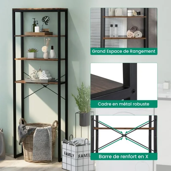 Étagère de Rangement Au-dessus des Toilettes 4 Niveaux en Bois Cadre en Métal Kits Anti-basculement Noir + Marron Rustique
