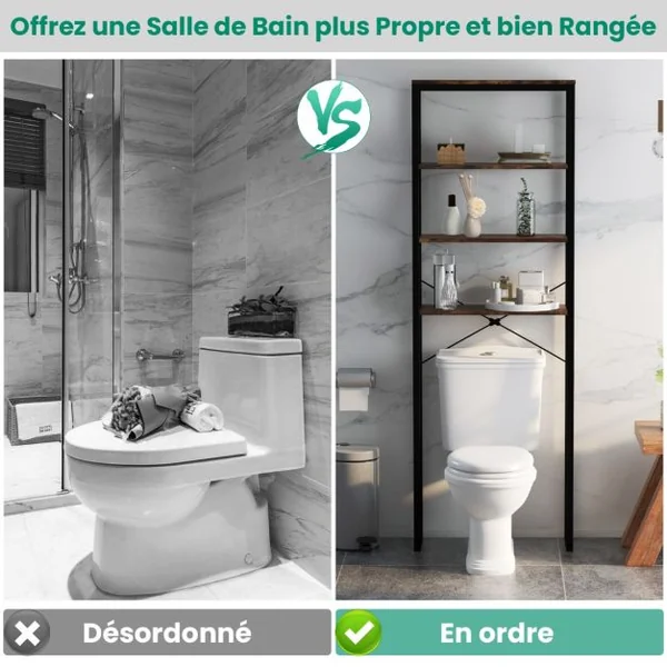 Étagère de Rangement Au-dessus des Toilettes 4 Niveaux en Bois Cadre en Métal Kits Anti-basculement Noir + Marron Rustique