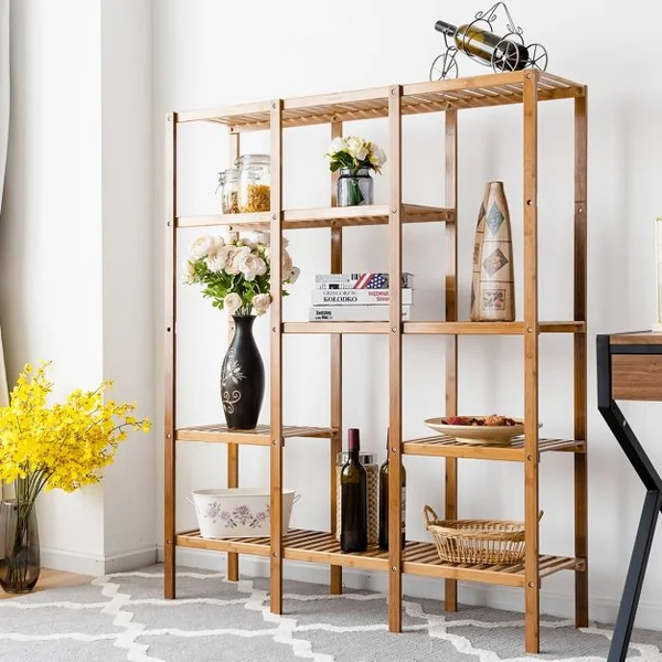 Étagère de Rangement Bibliothèque à 5 Niveaux Sur Pied Rangement pour Plantes et Livres en Bambou115x32x140cm Naturel
