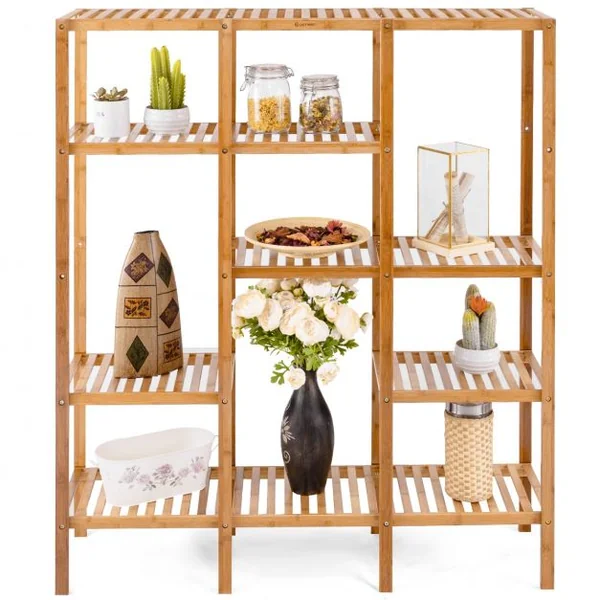Étagère de Rangement Bibliothèque à 5 Niveaux Sur Pied Rangement pour Plantes et Livres en Bambou115x32x140cm Naturel