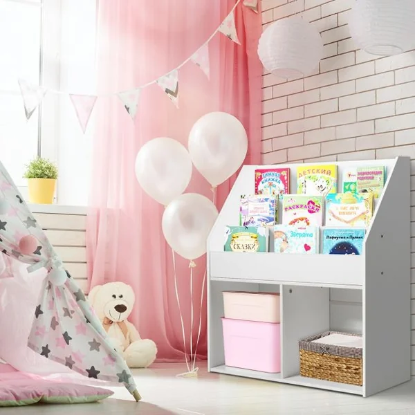 Étagère de Rangement de Jouets pour Enfants avec 3 Compartiments et 2 Cubes Ouverts en Bois 73 X 30 X 80cm Blanc